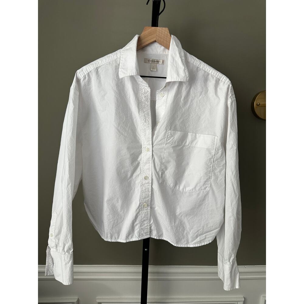 Banana Republic White Cotton Poplin Cropped Button Down Skimmer Shirt Large - Picture 2 of 5